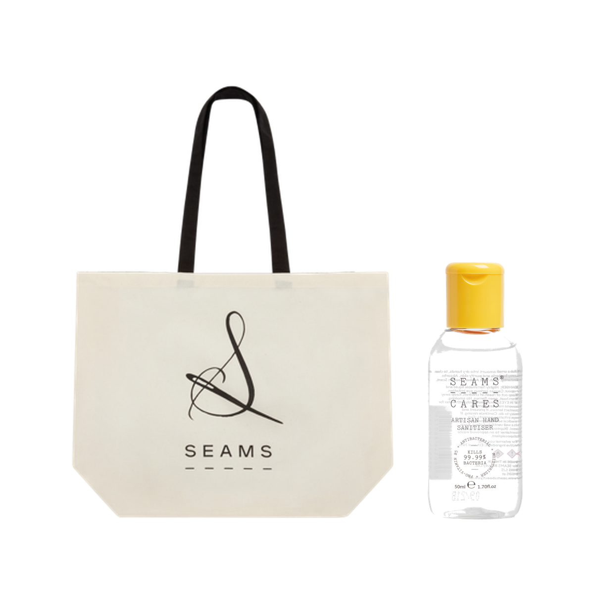 SEAMS tote bag and hand sanitiser, free gift